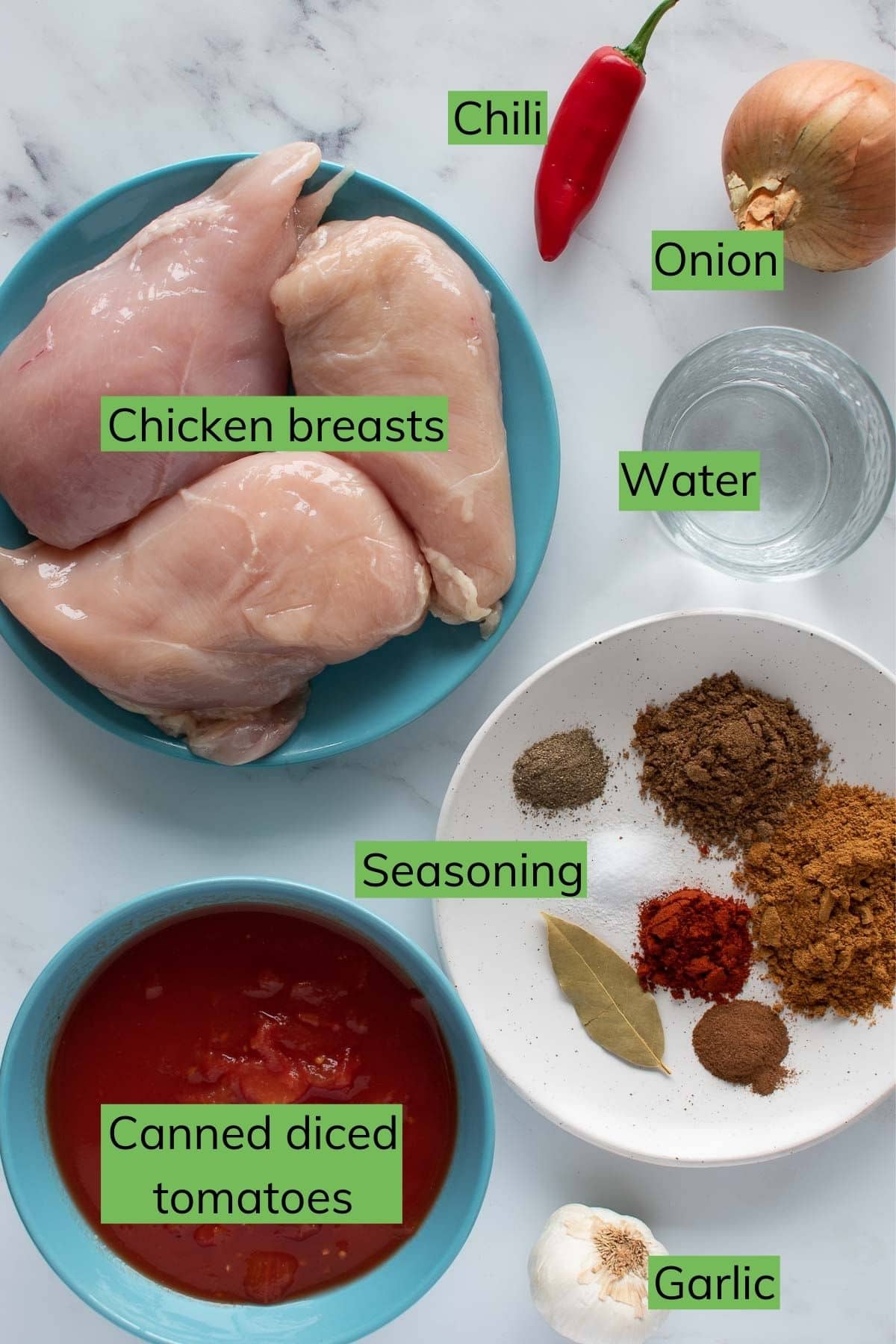 The ingredients for Instant Pot chicken curry laid out on a table.