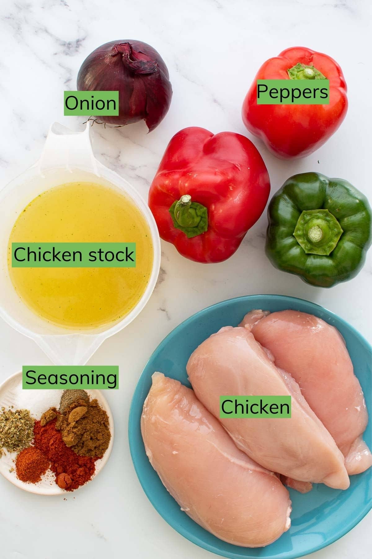 The ingredients needed to make pressure cooker fajitas laid out on a table.