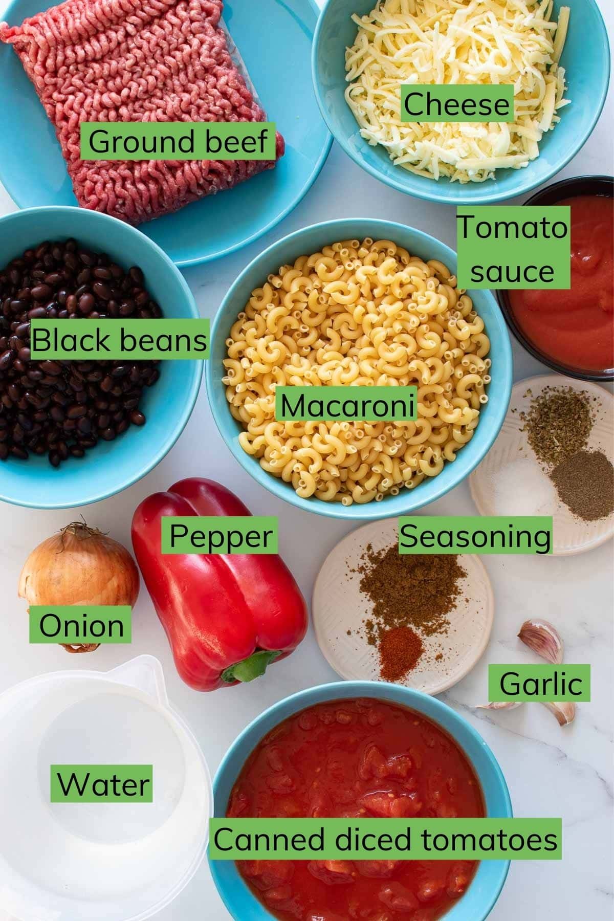 The ingredients for Instant Pot chili mac laid out on a table.