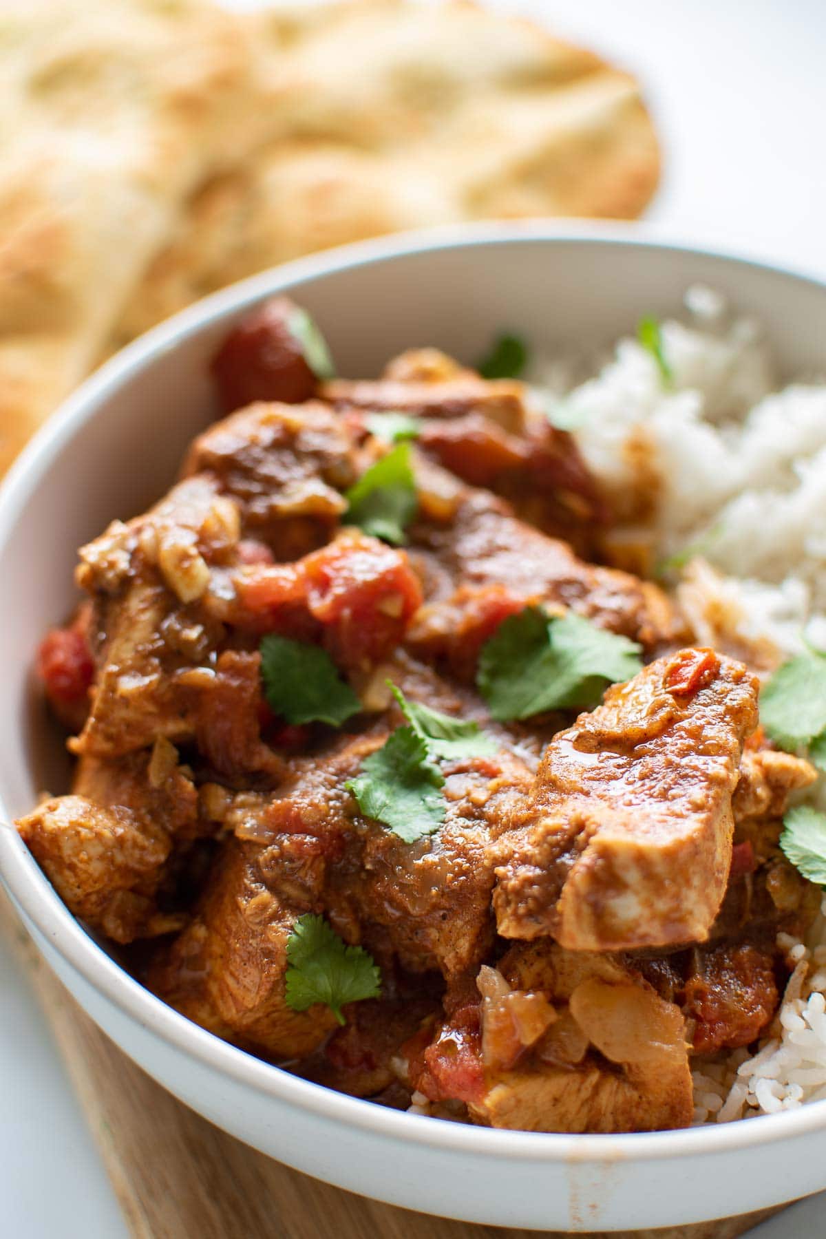 Close up of a bowl of chicken curry and rice.