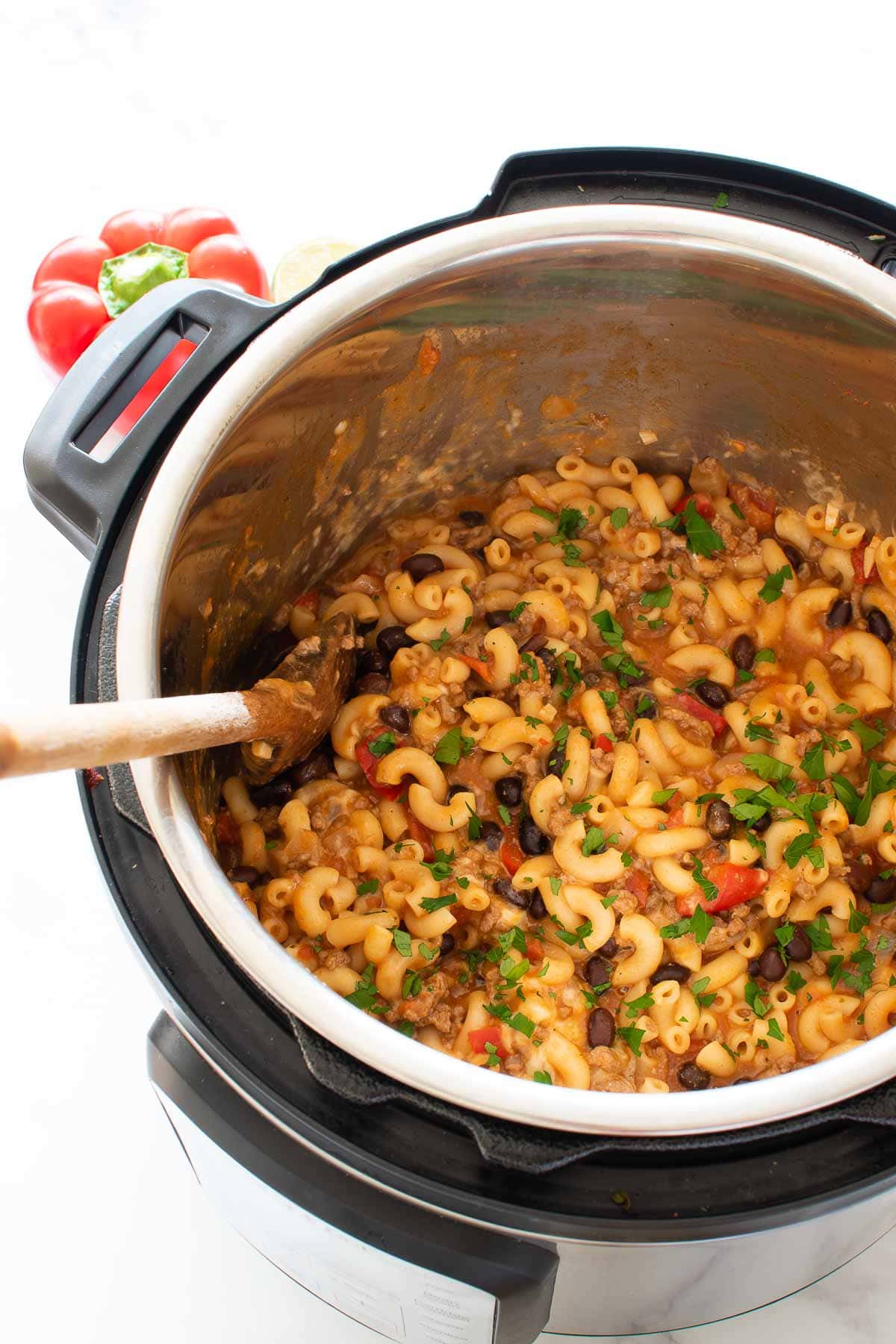 Cheesy chili mac in an Instant Pot.
