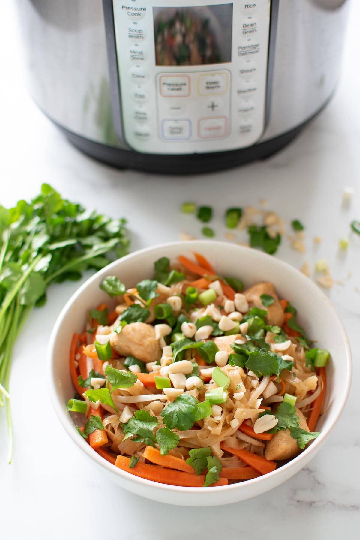 A bowl of pad thai in front of an Instant Pot.