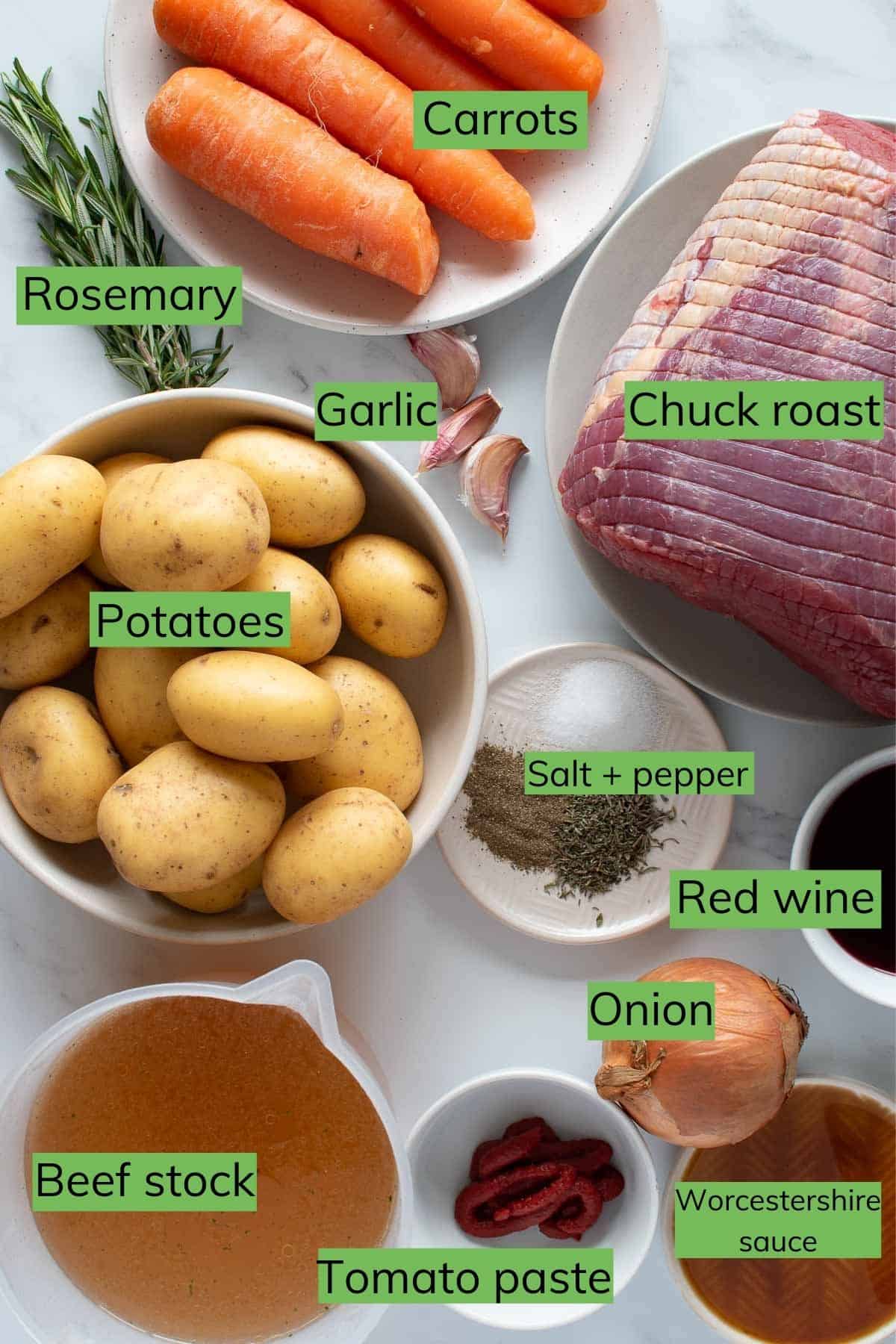 The ingredients for pot roast laid out on a table.