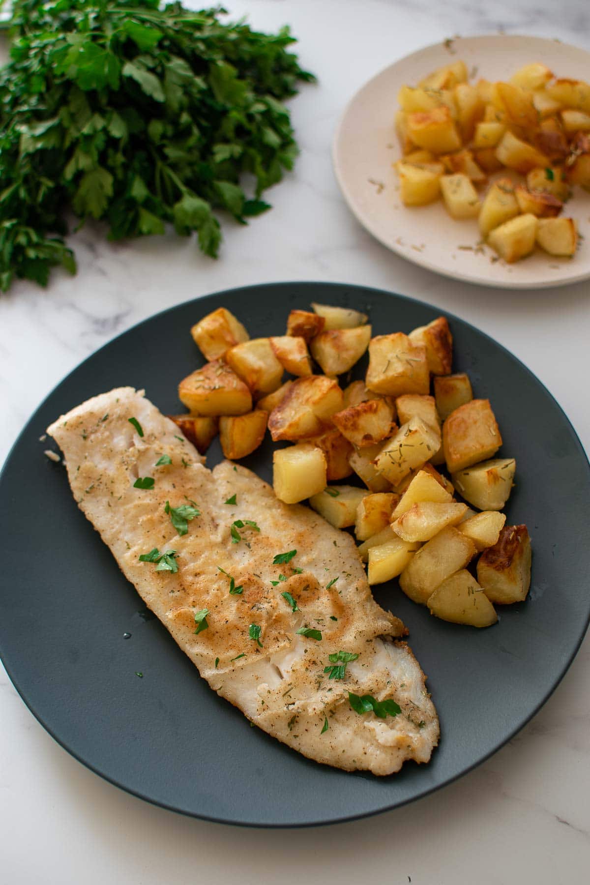 Pan fried hake and Parmentier potatoes on a plate.