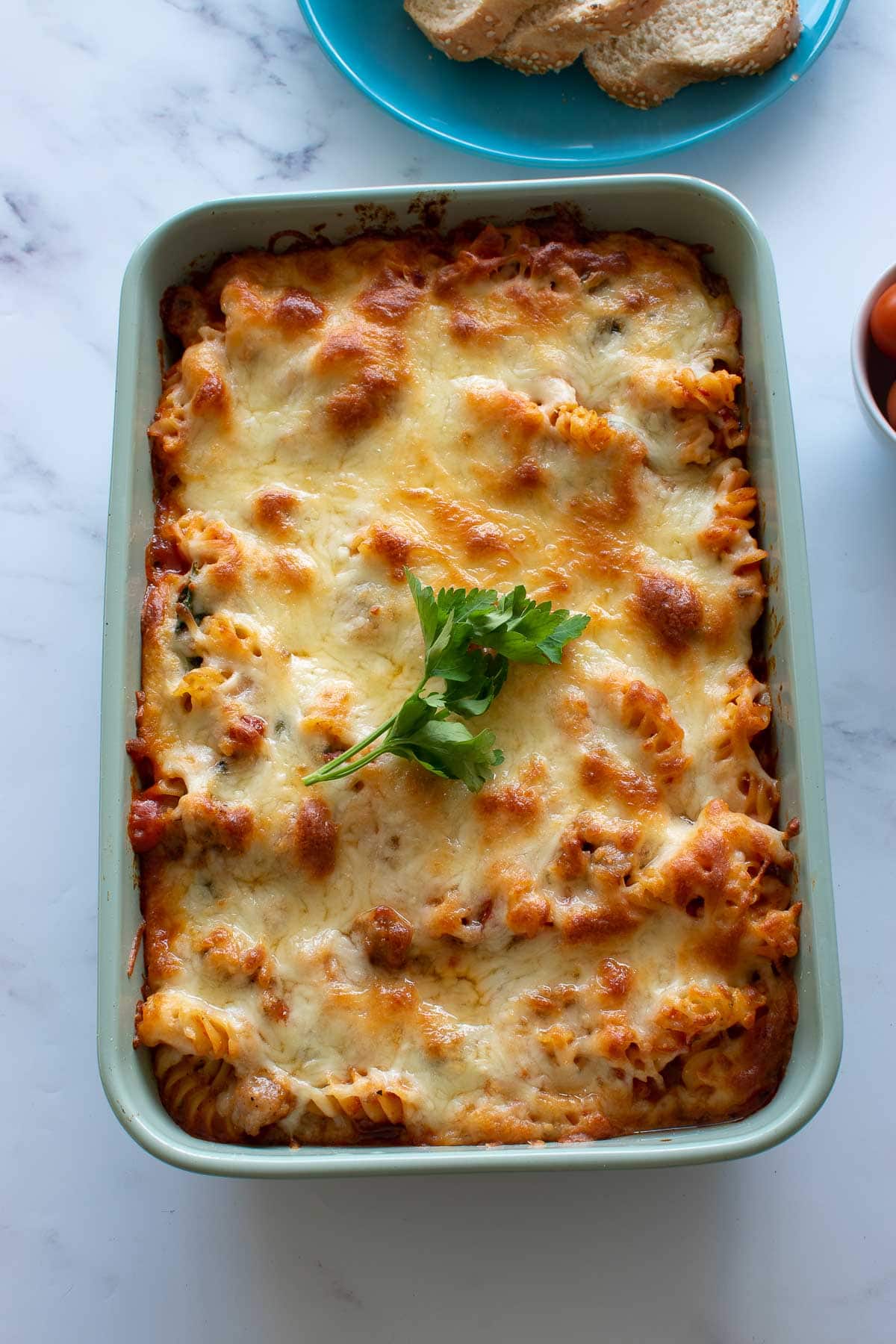 Sausage pasta casserole in a casserole dish.