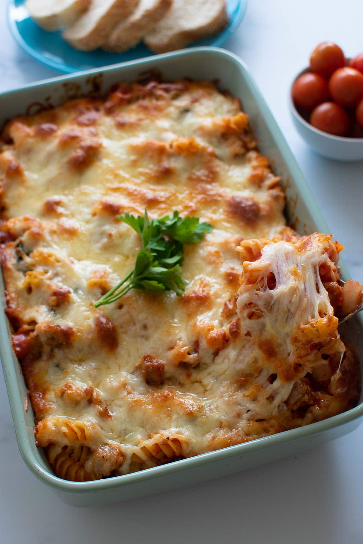 Sausage pasta bake in a casserole dish.