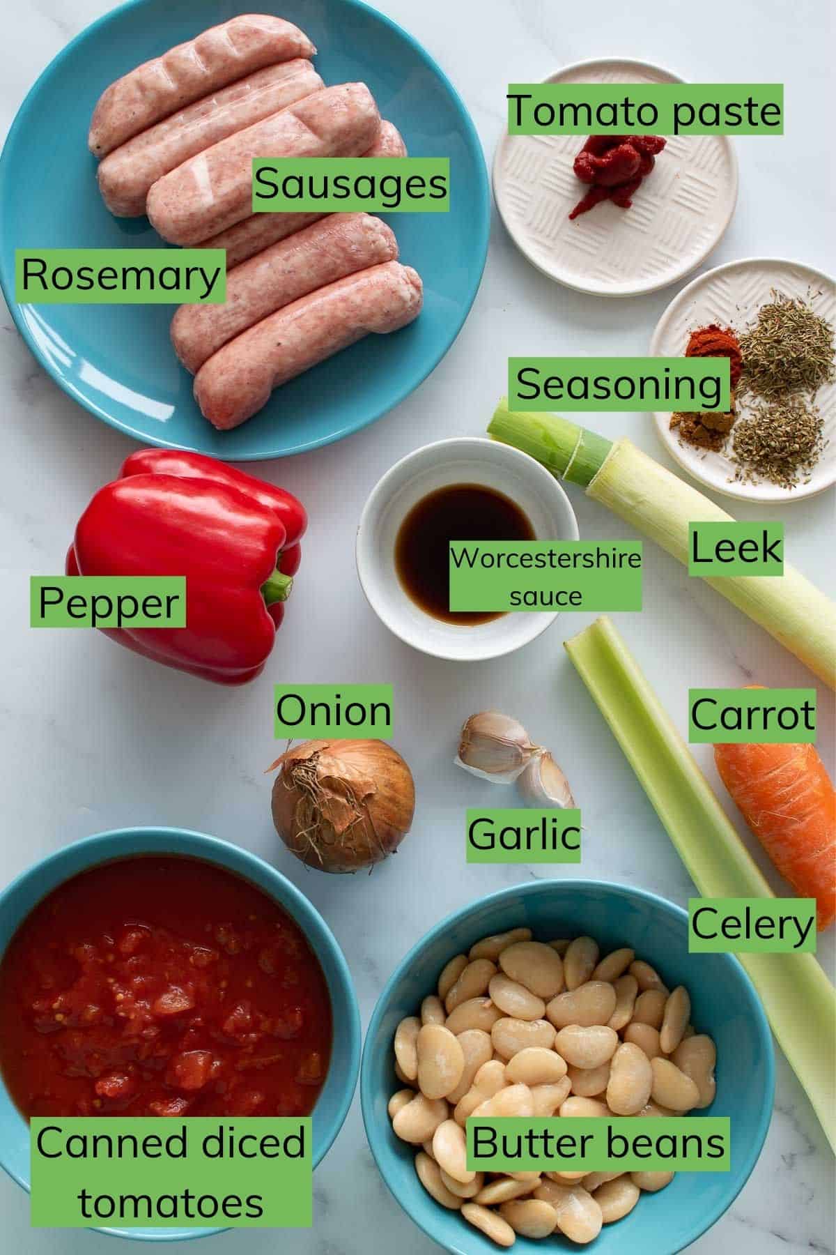 The ingredients needed in the casserole laid out on a table.