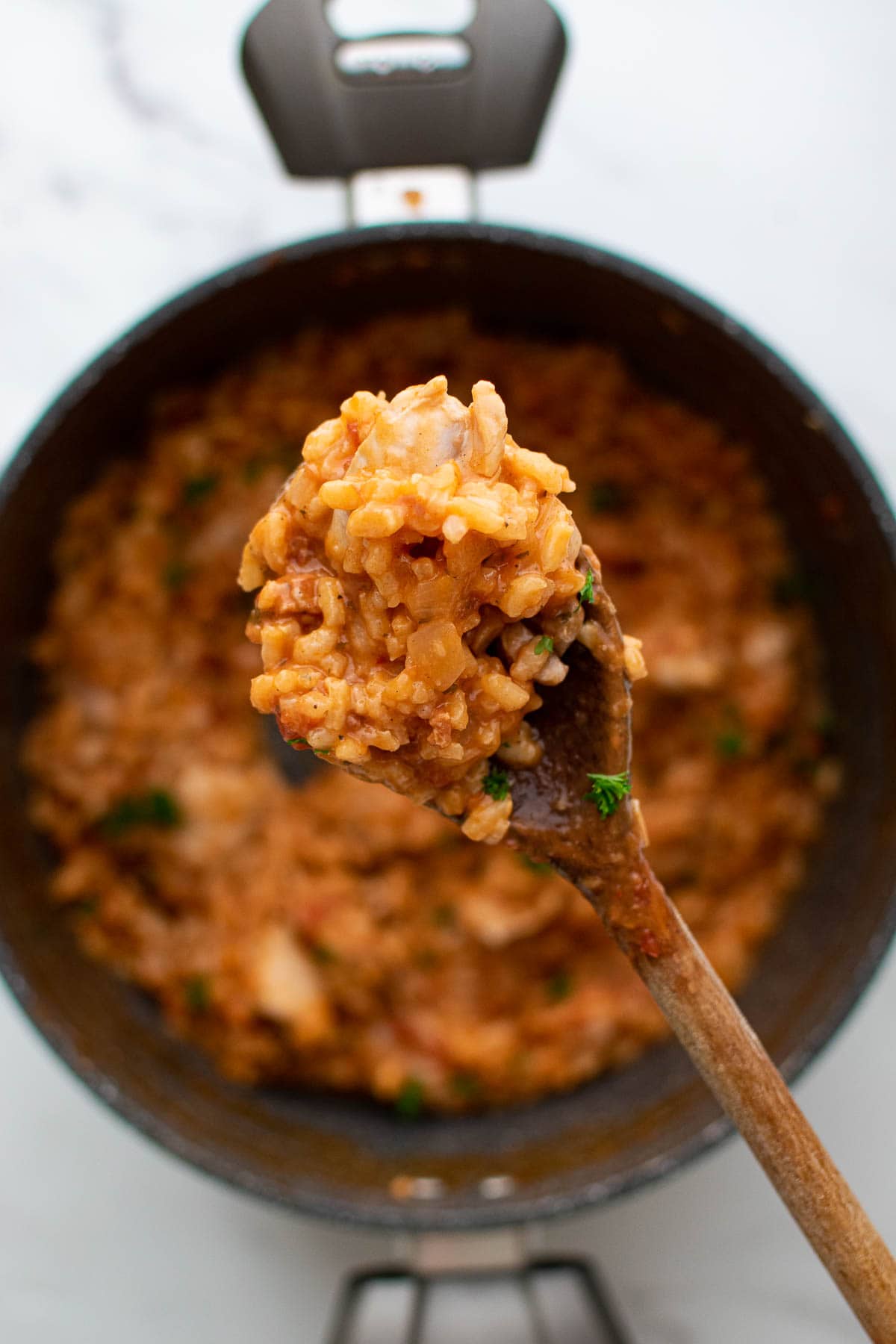 A wooden spoon lifting a serving of risotto out from a pot.