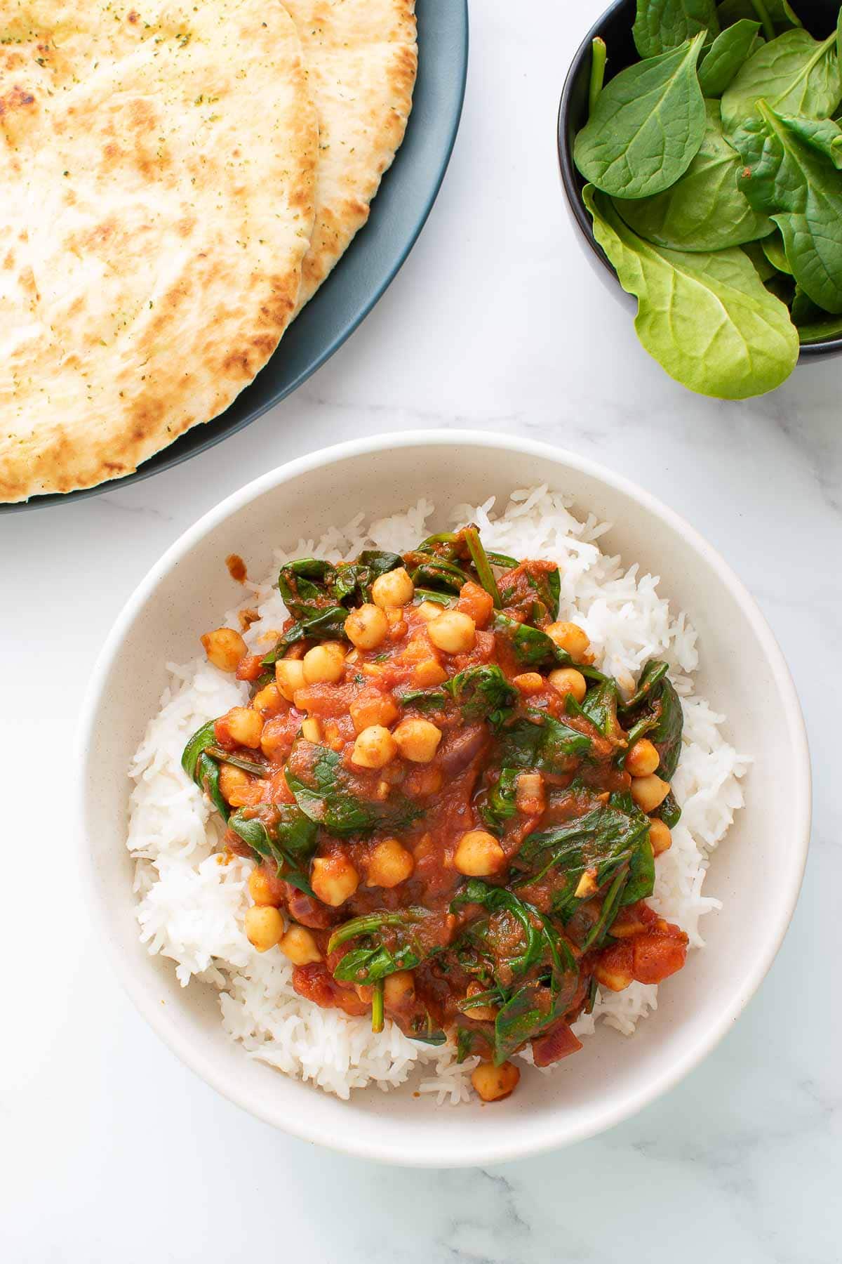 Easy chickpea and spinach curry with rice.