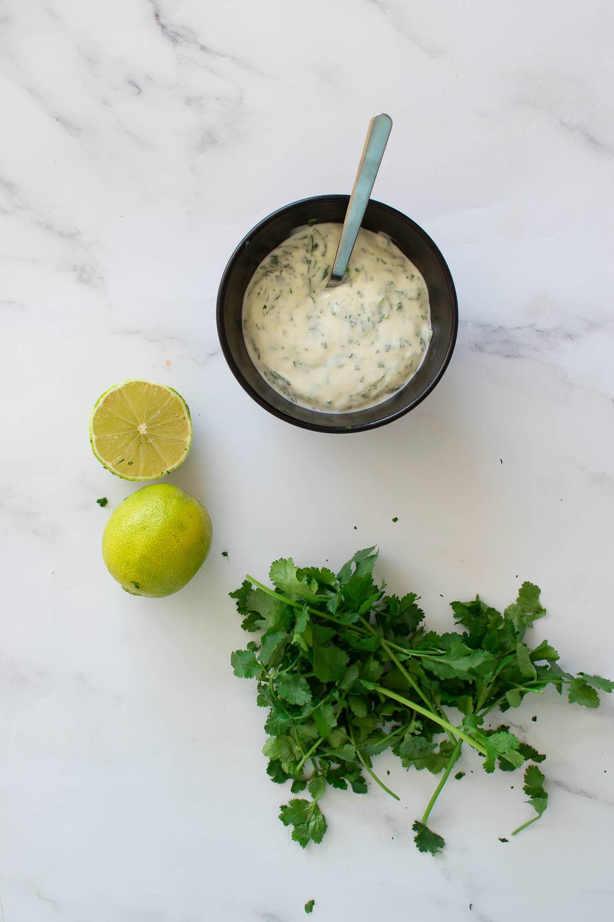 Cilantro aioli with cilantro and lime on the side.