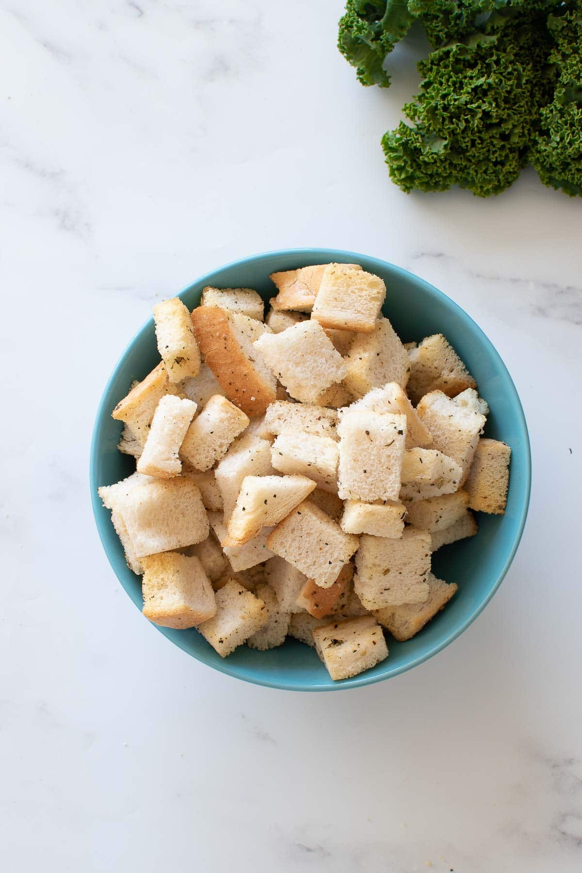 A bowl of crispy homemade croutons.