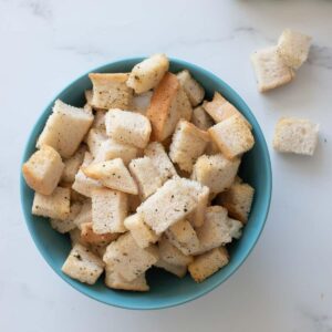 Homemade croutons in a bowl.