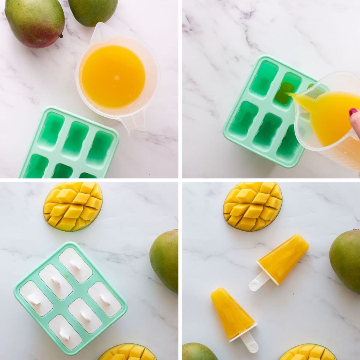 Step by step images showing how to make popsicles with mango juice.