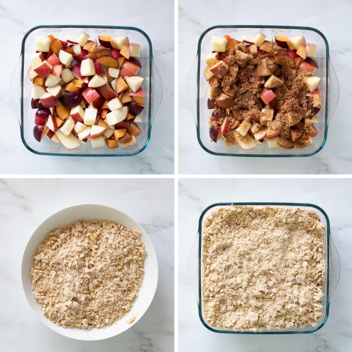 Step by step images showing how to make apple and plum crumble.