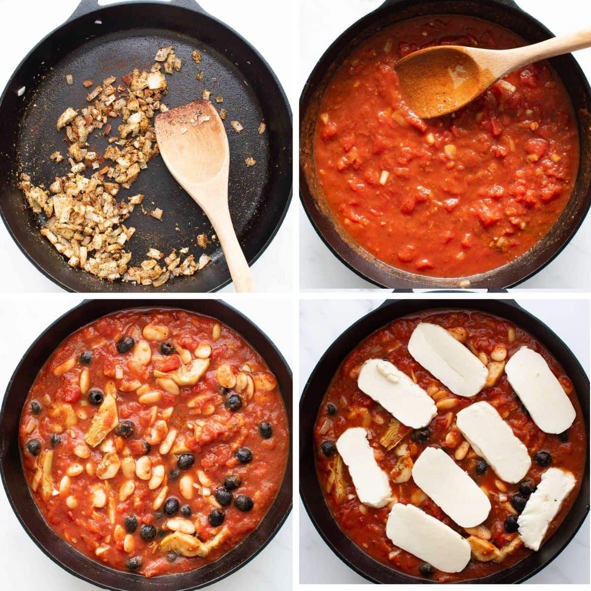 Step by step images showing how to make baked halloumi.