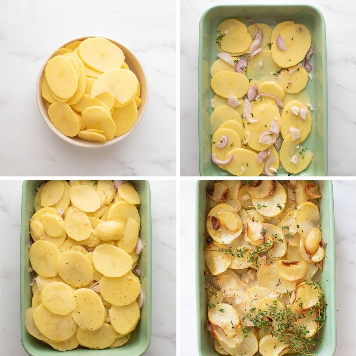 Step by step images showing how to make boulangere potatoes.