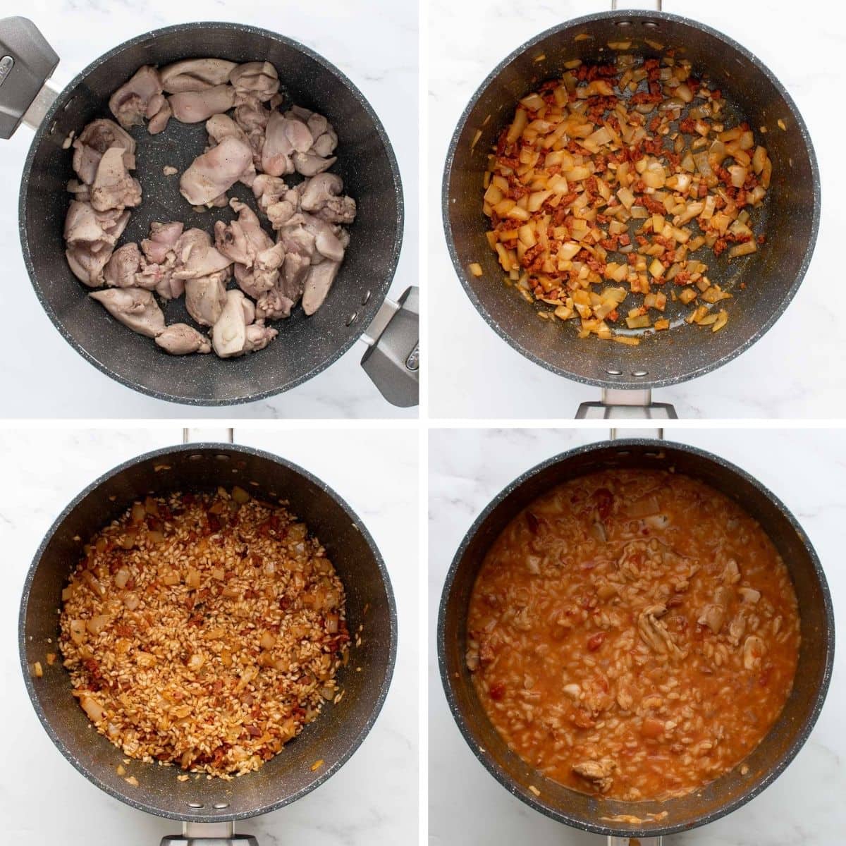 Step by step images showing how to make risotto with chicken and chorizo.