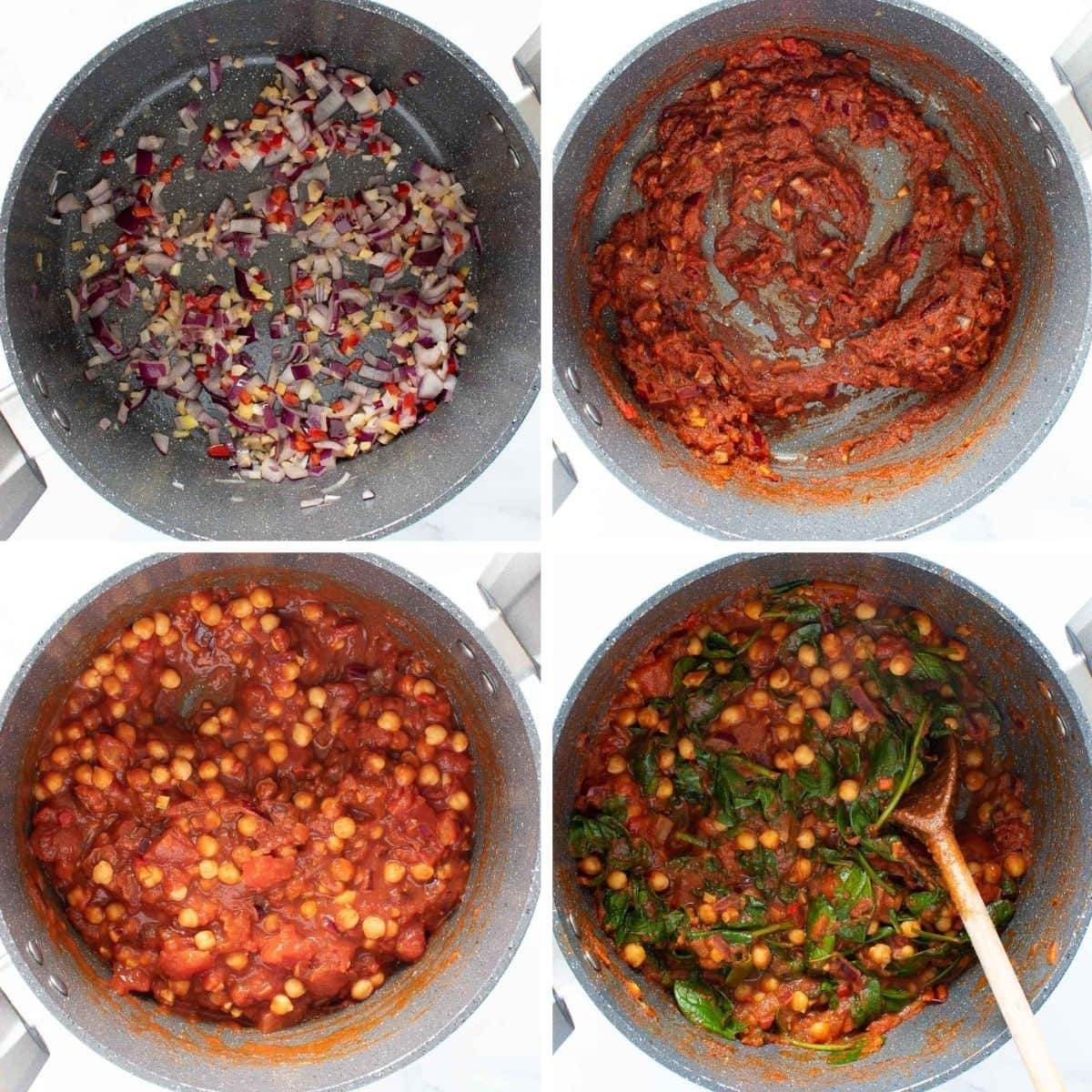 Step by step images showing how to make chickpea and spinach curry.