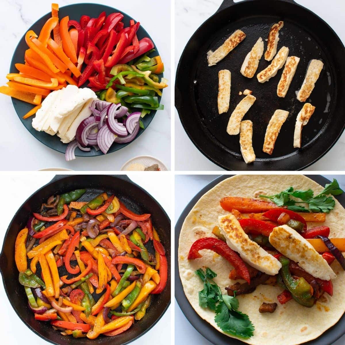 Step by step images showing how to make halloumi cheese fajitas in a cast iron pan.