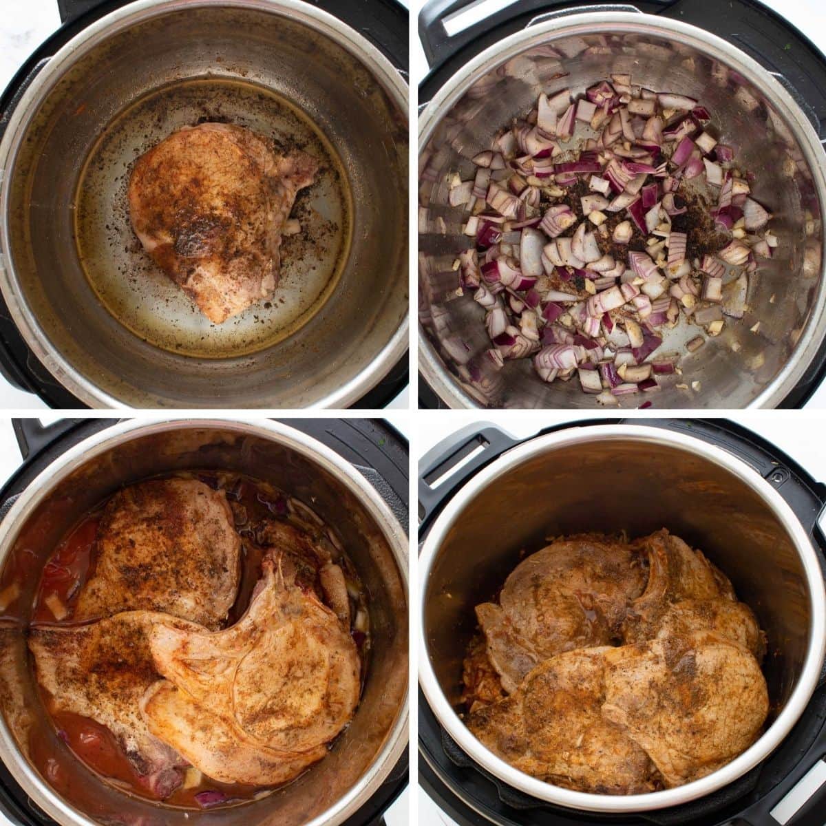 Step by step images showing how to cook pork chops and rice together in an Instant Pot.