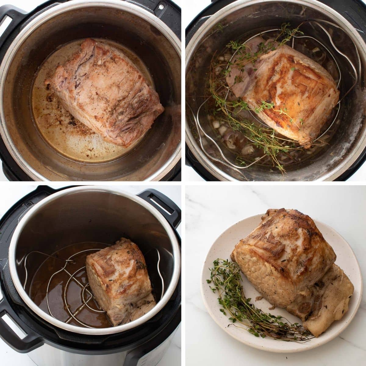 Step by step images showing how to make pork roast in the instant pot.