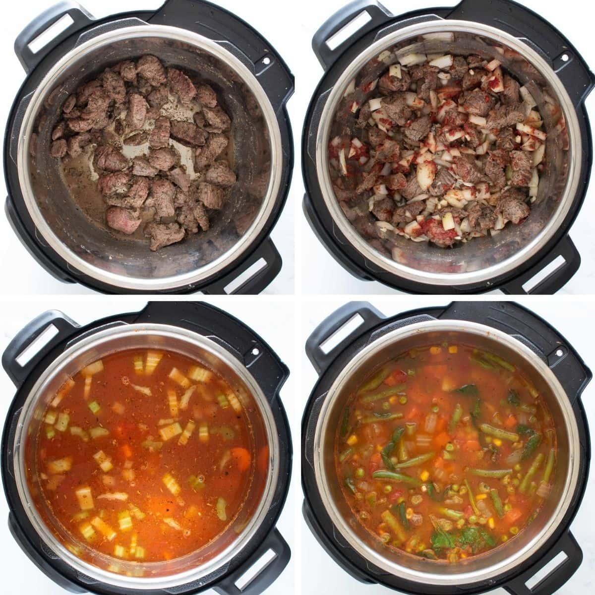 Step by step images showing how to make beef vegetable soup in an Instant Pot.