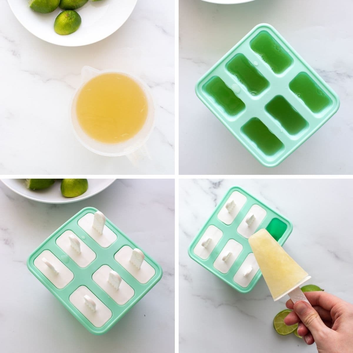 Step by step images showing how to make lime popsicles.