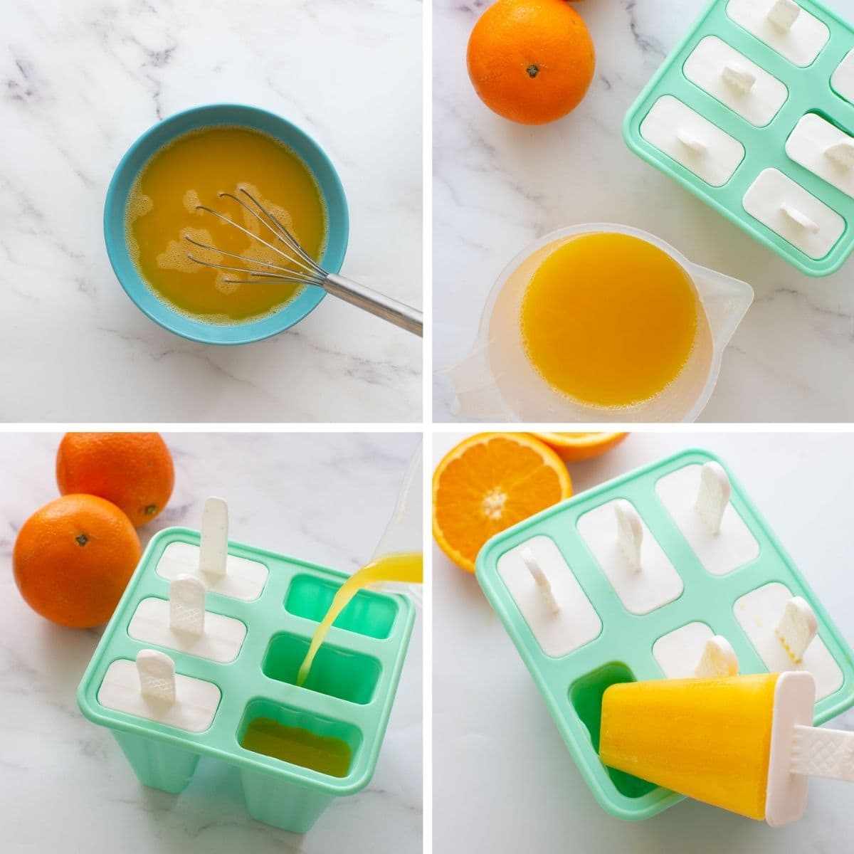 Step by step images showing how to make orange popsicles.