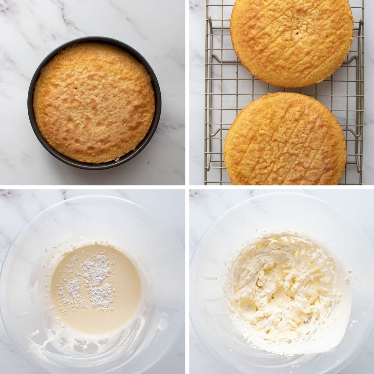 Step by step images showing how to make vanilla sponge cake.