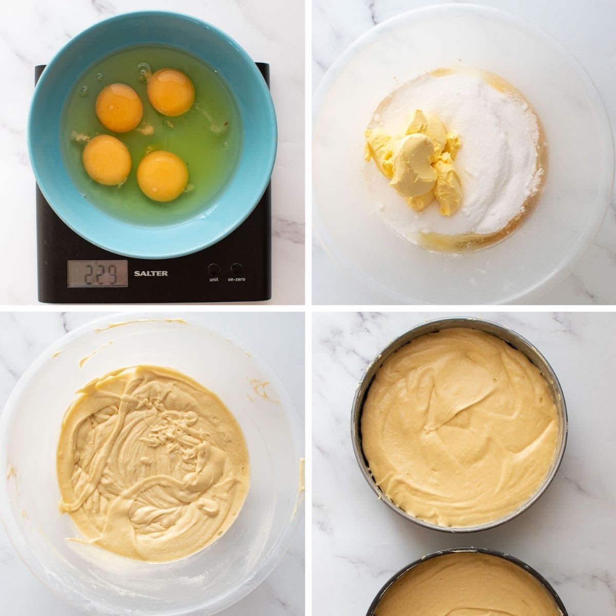 Step by step images showing how to make vanilla sponge cake.