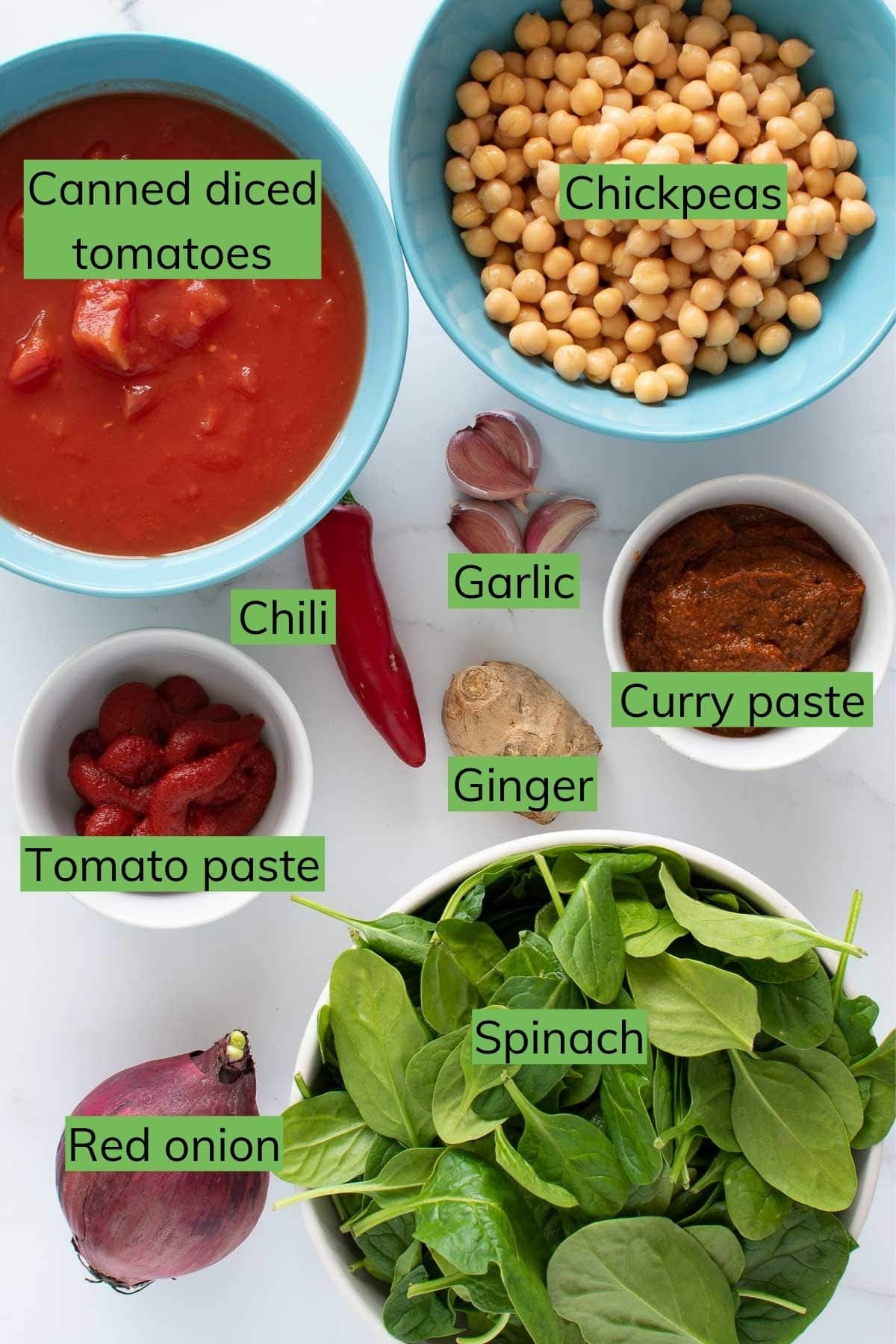 The ingredients needed to make vegetarian curry with spinach and chickpeas.