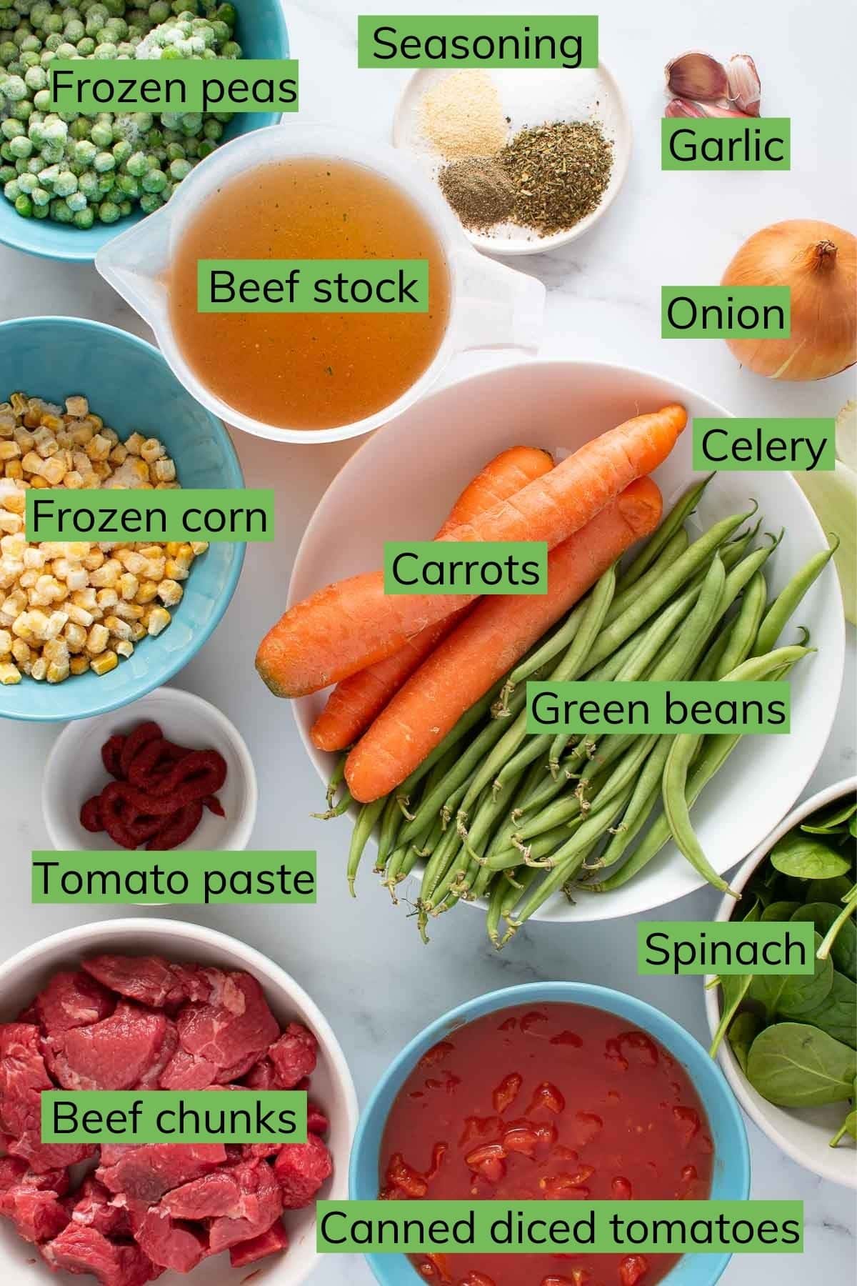 All ingredients needed to make Instant pot vegetable beef soup.