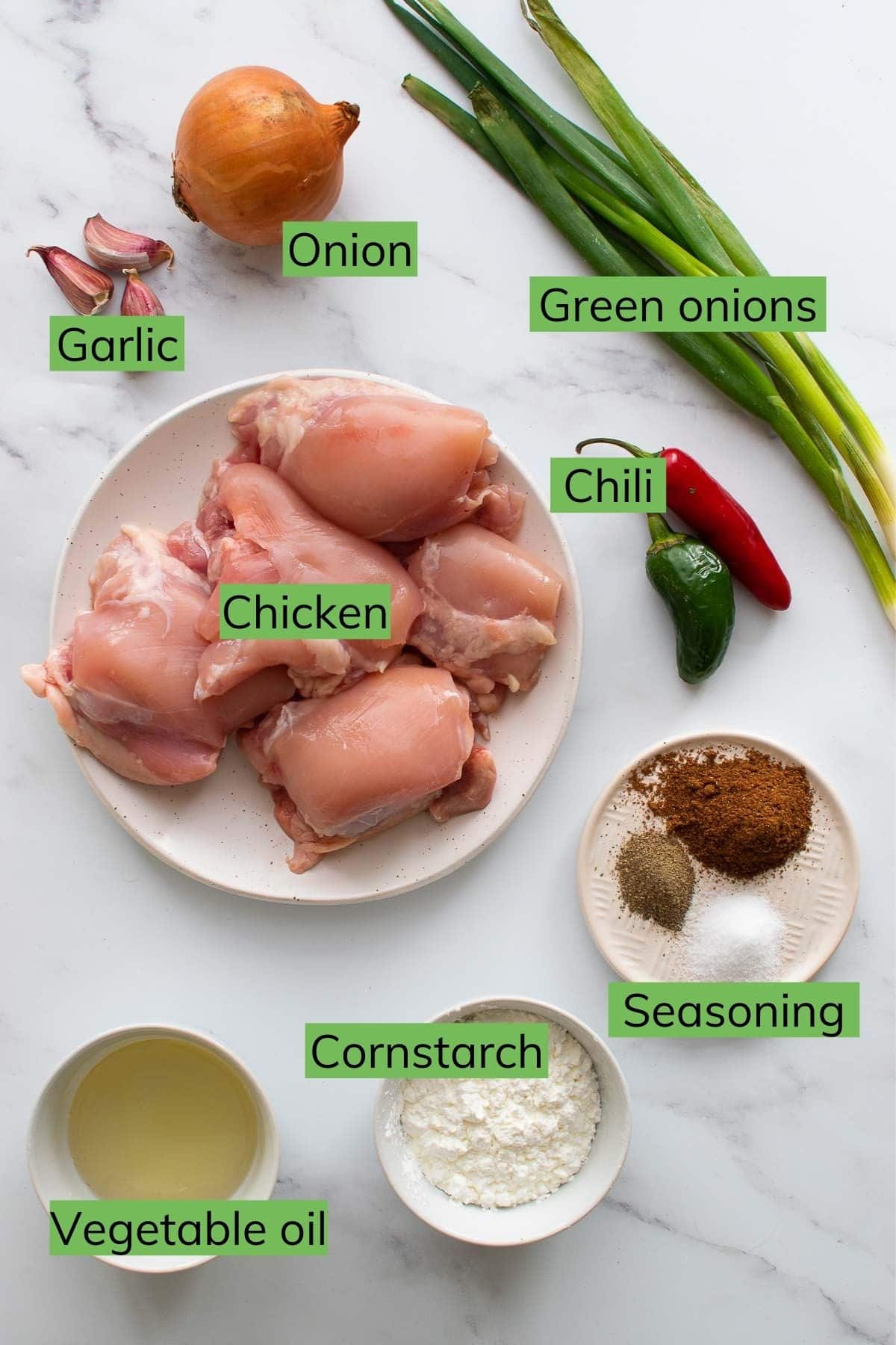 The ingredients needed to make salt and pepper chicken.