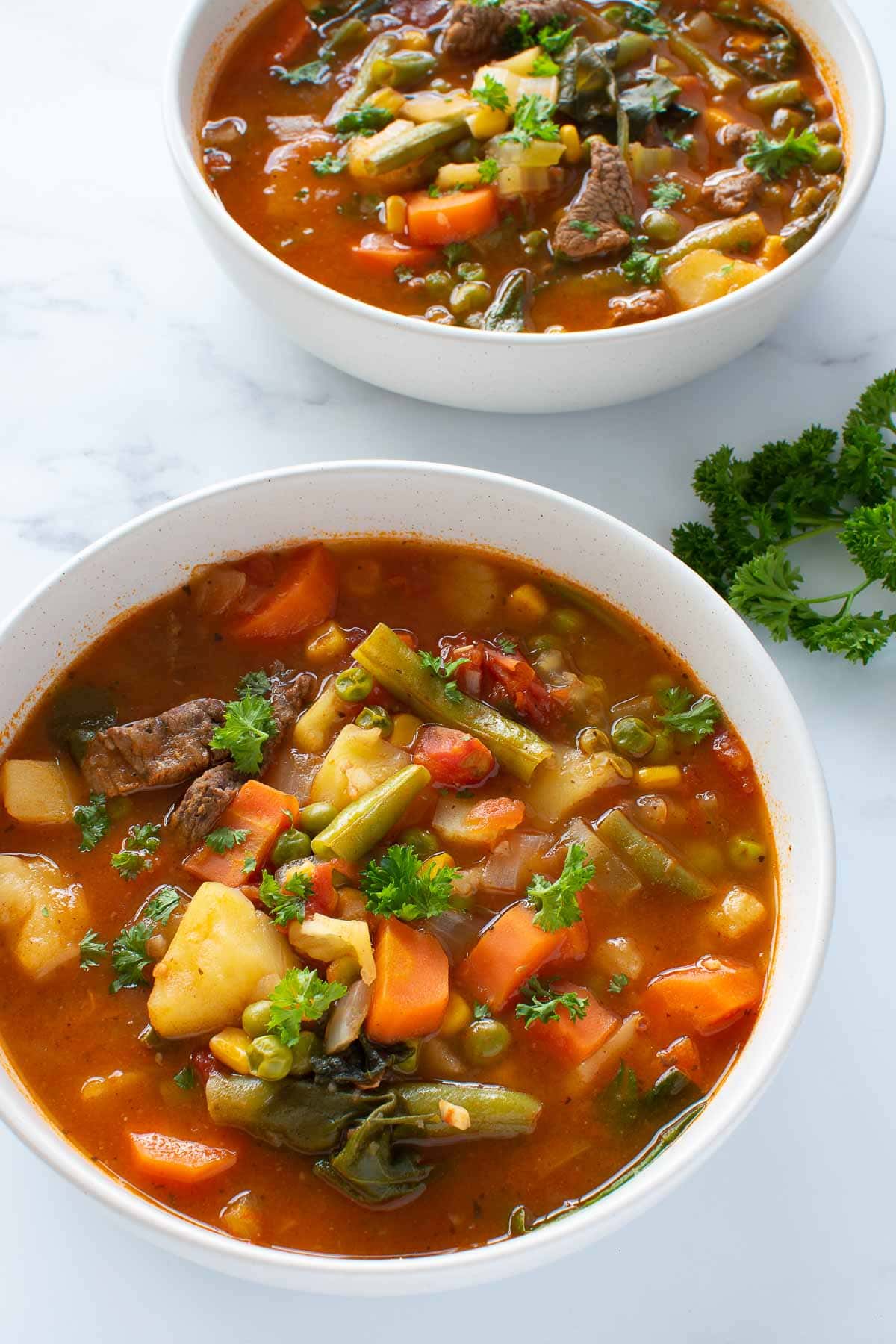 Two bowls of beef soup with potatoes, carrots, green beans and vegetables.