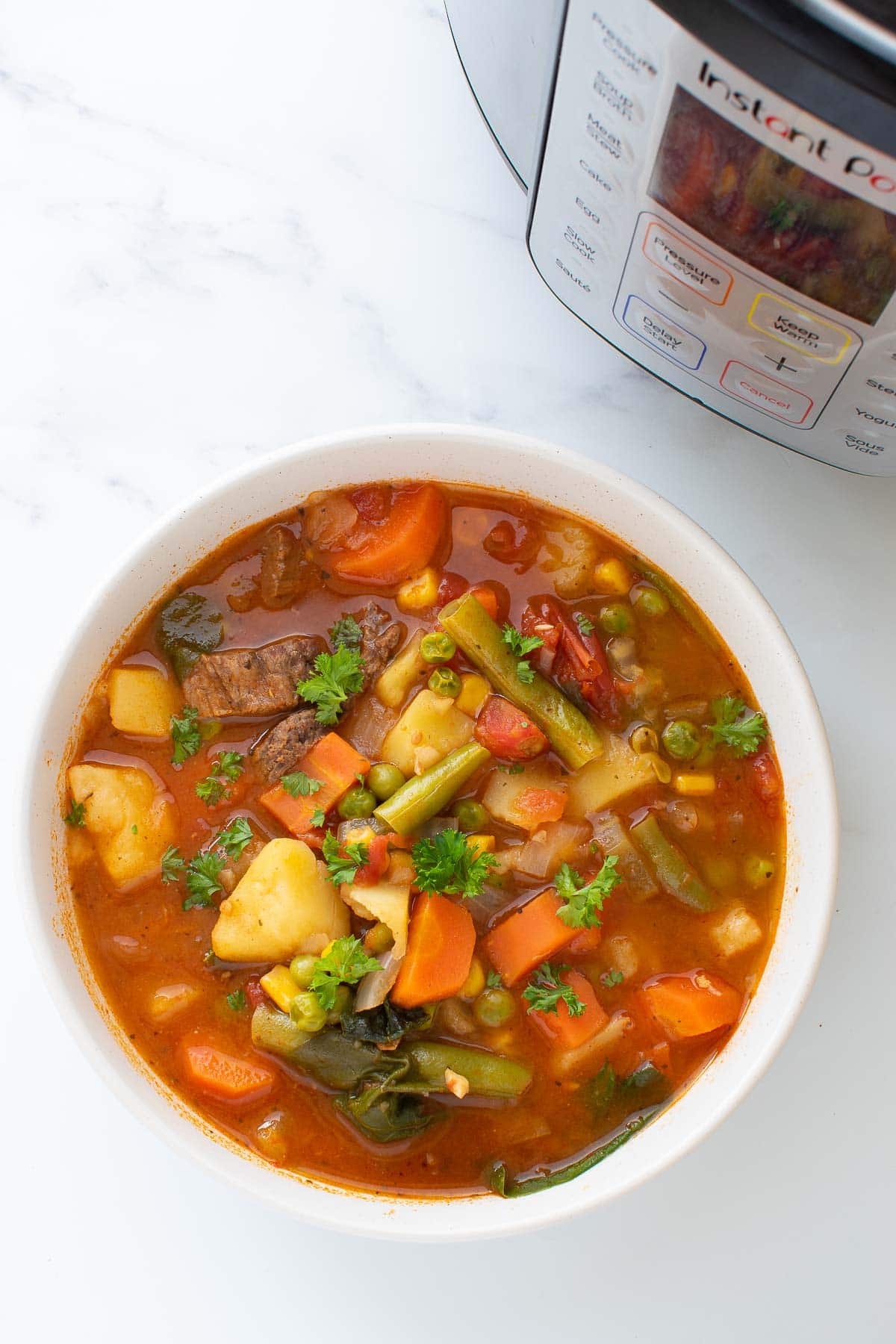 A bowl of vegetable soup with beef, with an Instant Pot in the background.