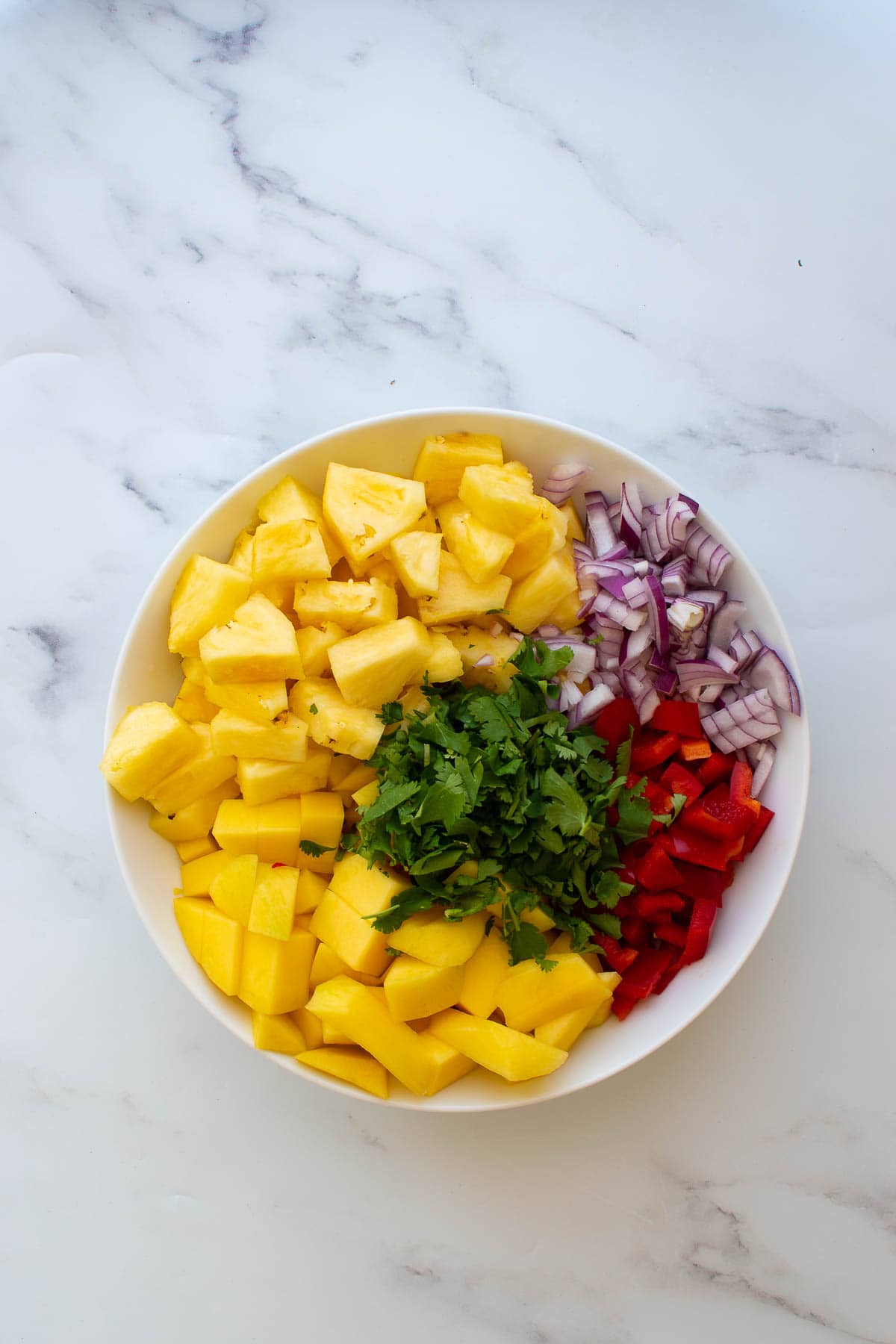 Diced mango, pineapple, cilantro, red onion and red pepper in a bowl.