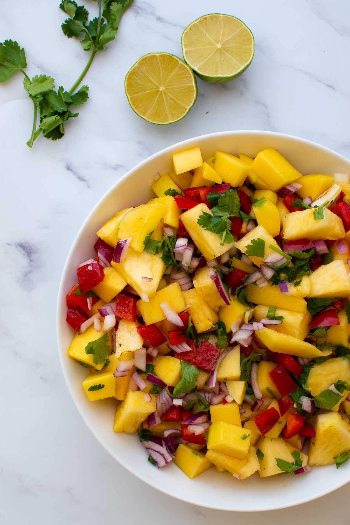 Close up of pineapple and mango salad in a bowl.