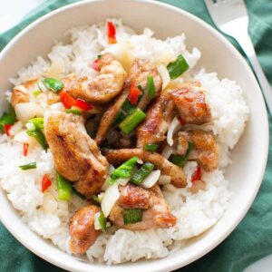 Salt and pepper chicken with rice.
