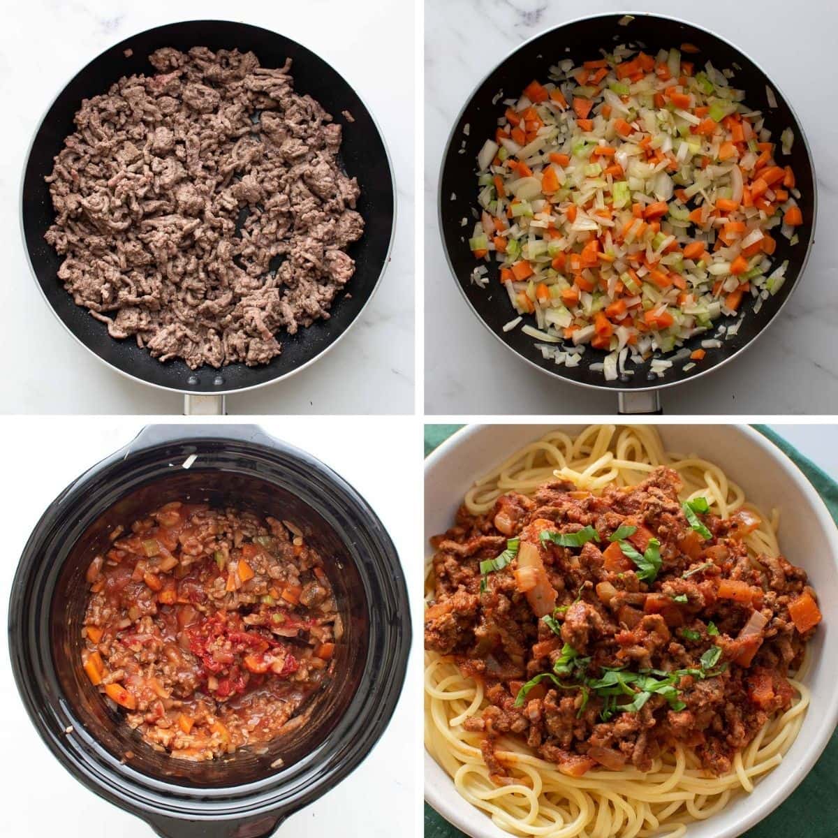 Step by step instructions for how to make bolognese sauce in the slow cooker.