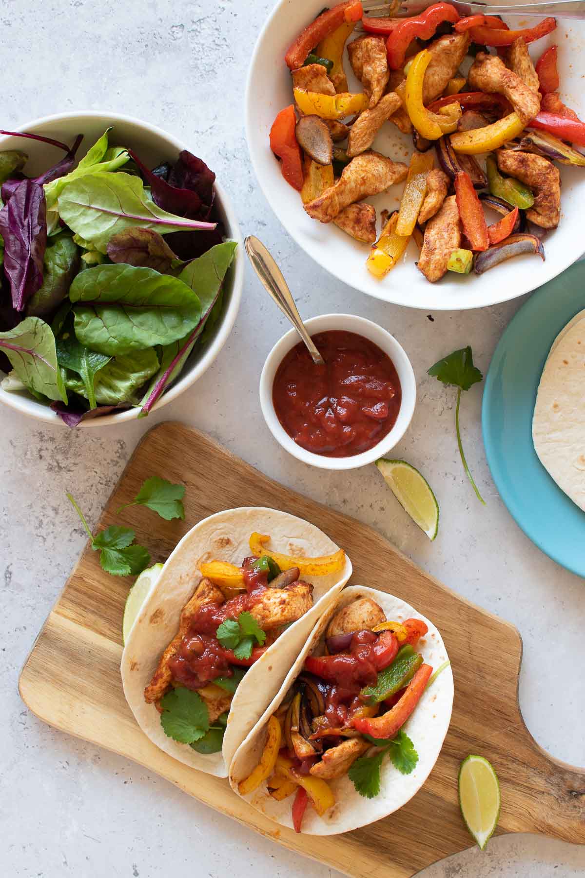 Chicken fajitas with salsa.