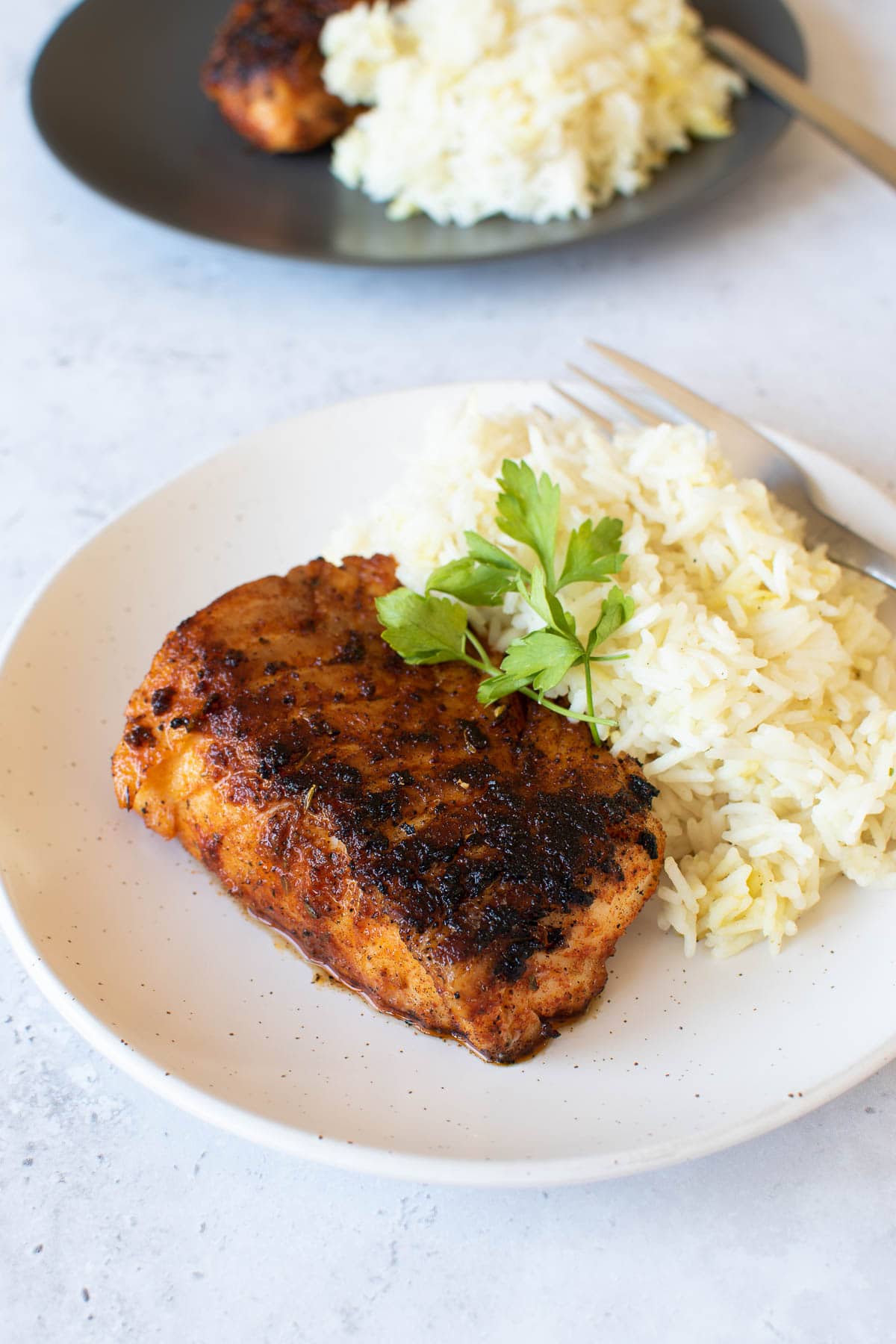 Blackened cod fish on a plate with rice.