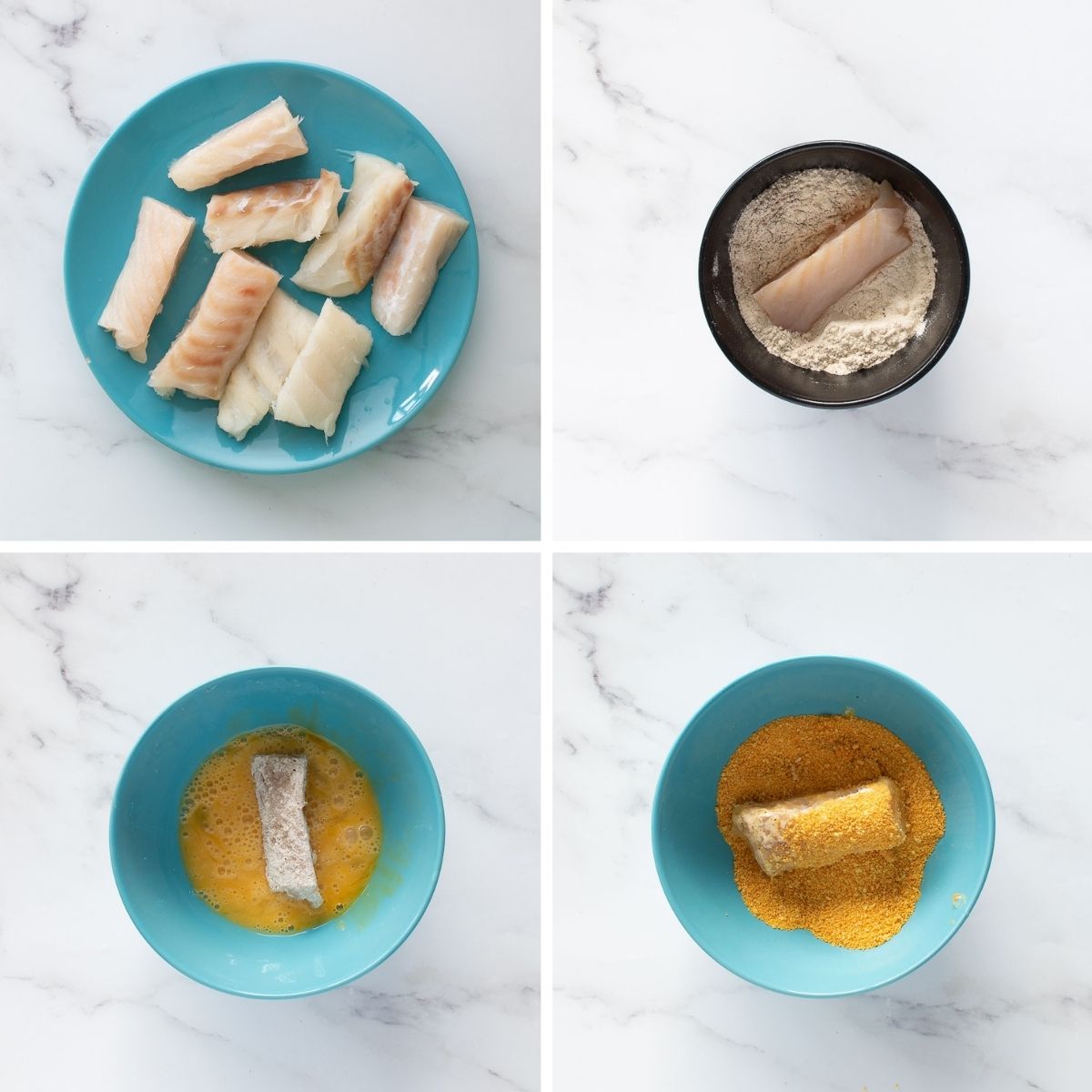 Step by step images showing how to make fish fingers.