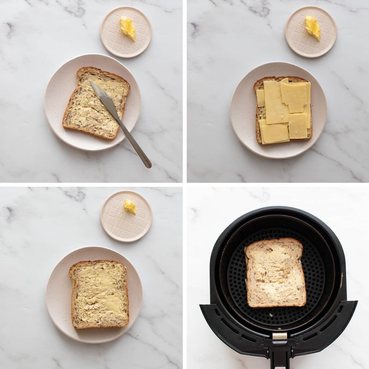 Step by step how to make grilled cheese sandwich in an air fryer.