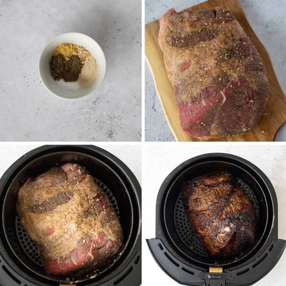 Step by step images showing how to roast beef in the air fryer.