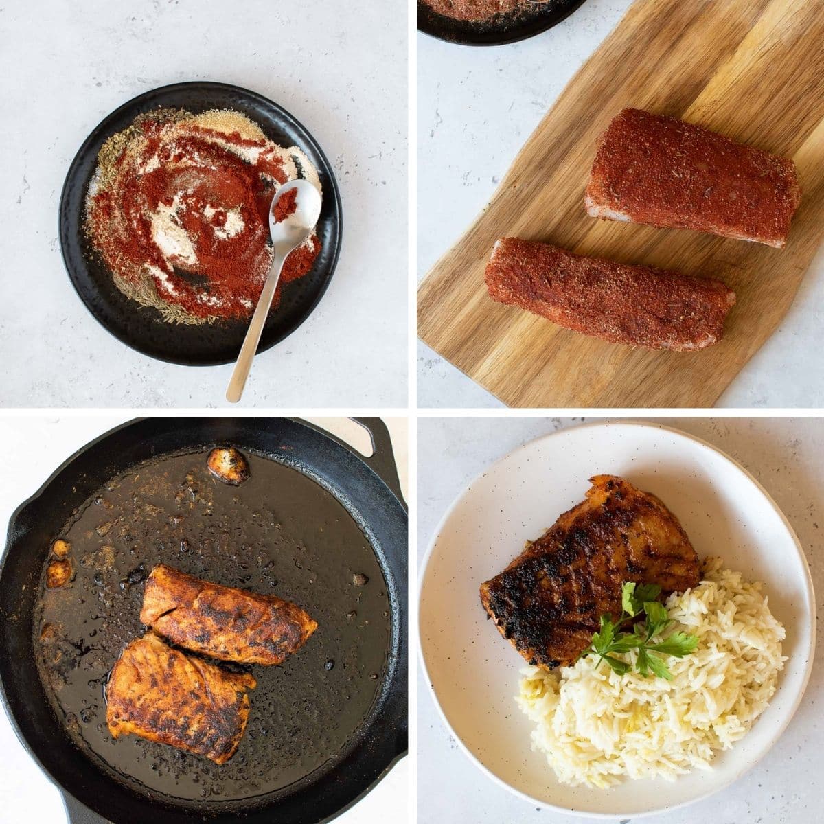 Step by step images showing how to make blackened cod.