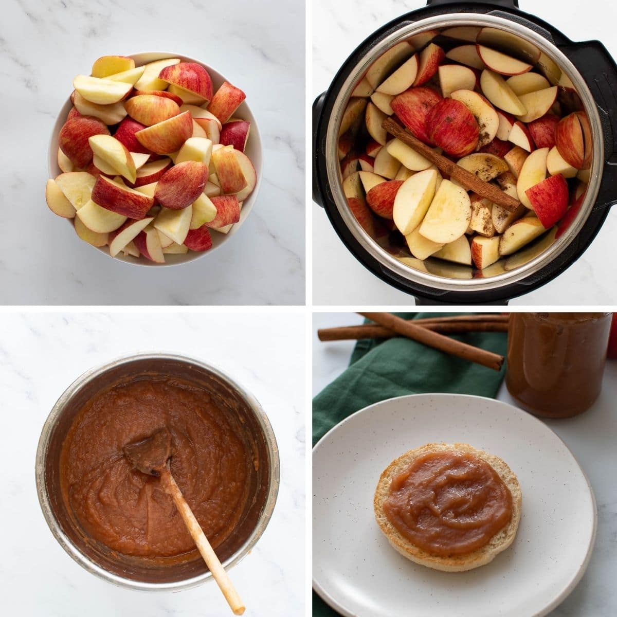 Step by step images showing how to make apple butter in the pressure cooker.