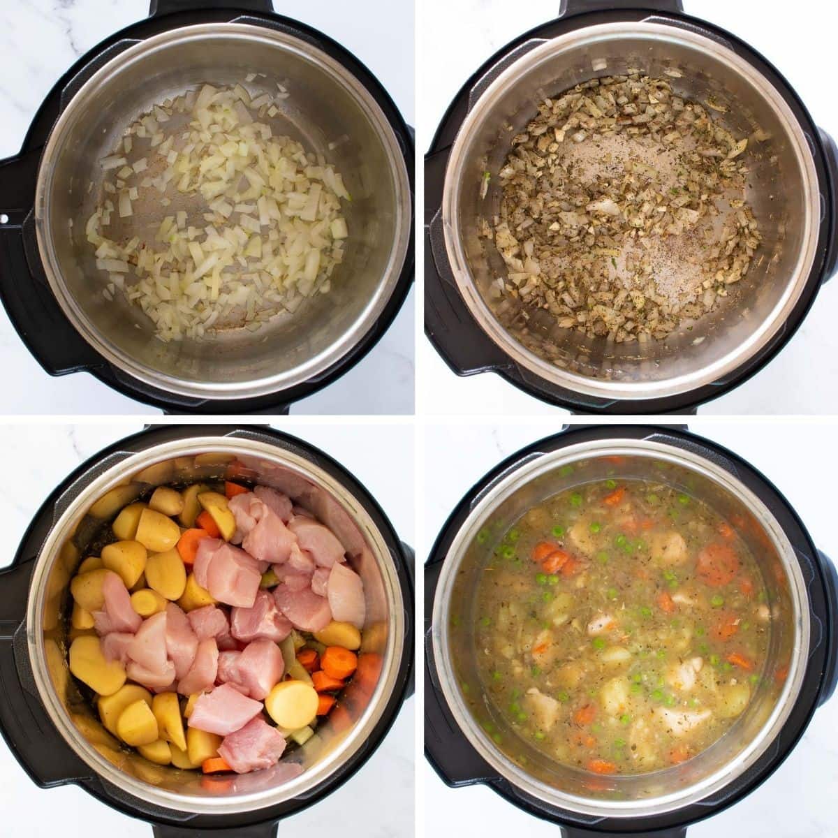 Step by step images showing how to make chicken stew in your Instant Pot.