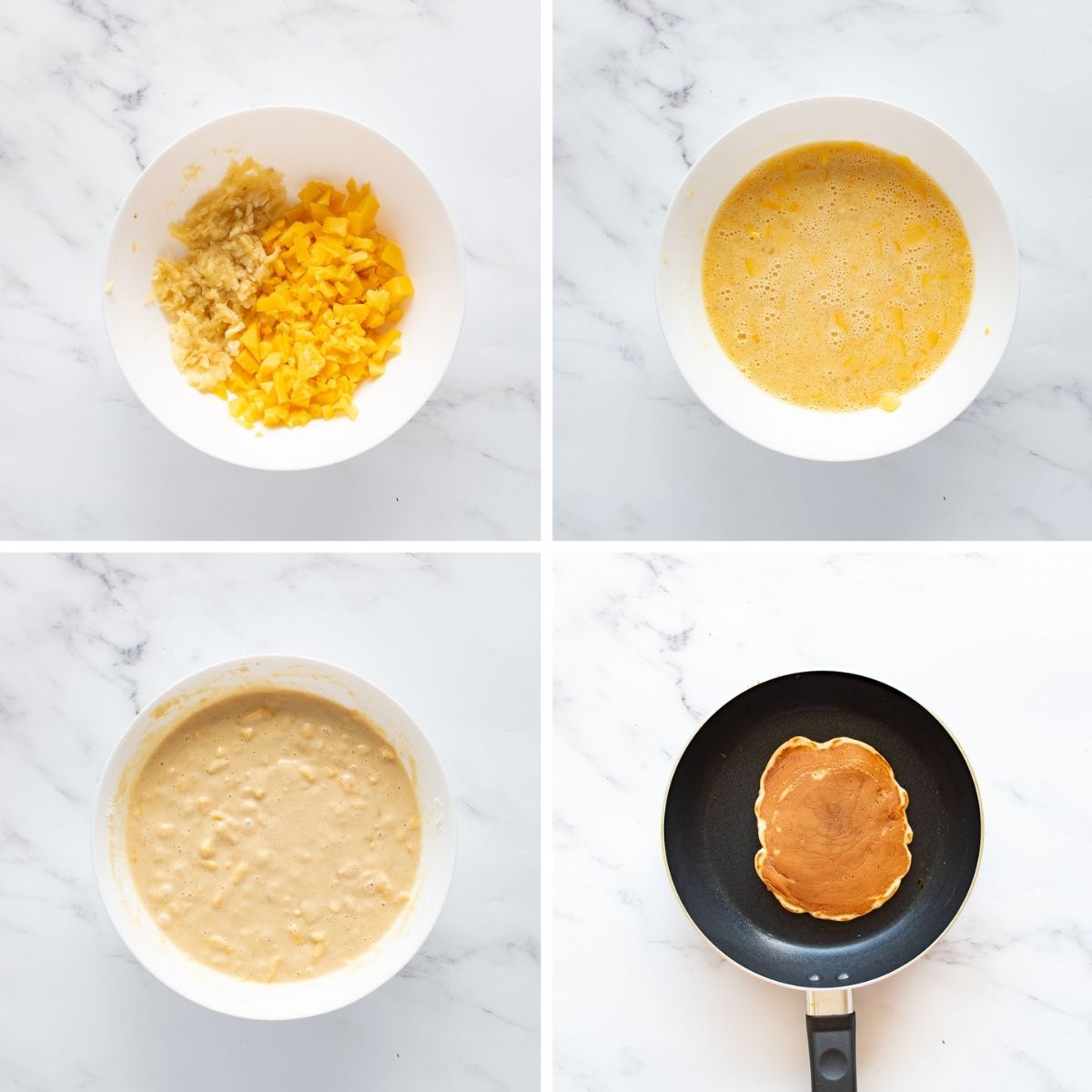 Step by step ingredients to make mango pancakes.