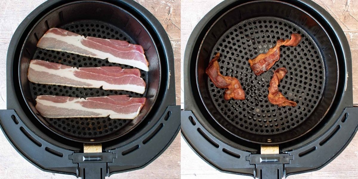 Air fryer with uncooked + cooked bacon.