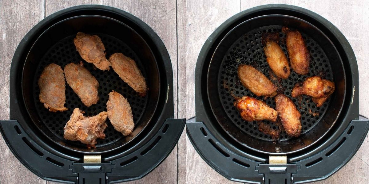 Step by step images showing how to cook air fryer frozen chicken wings.